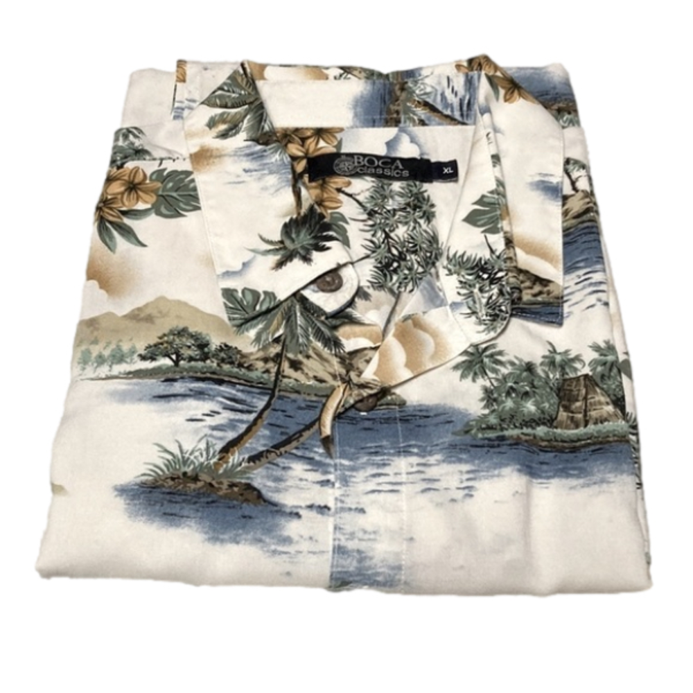 BOCA Classics, Size Extra Large, blues, green, tan on cream shirt.